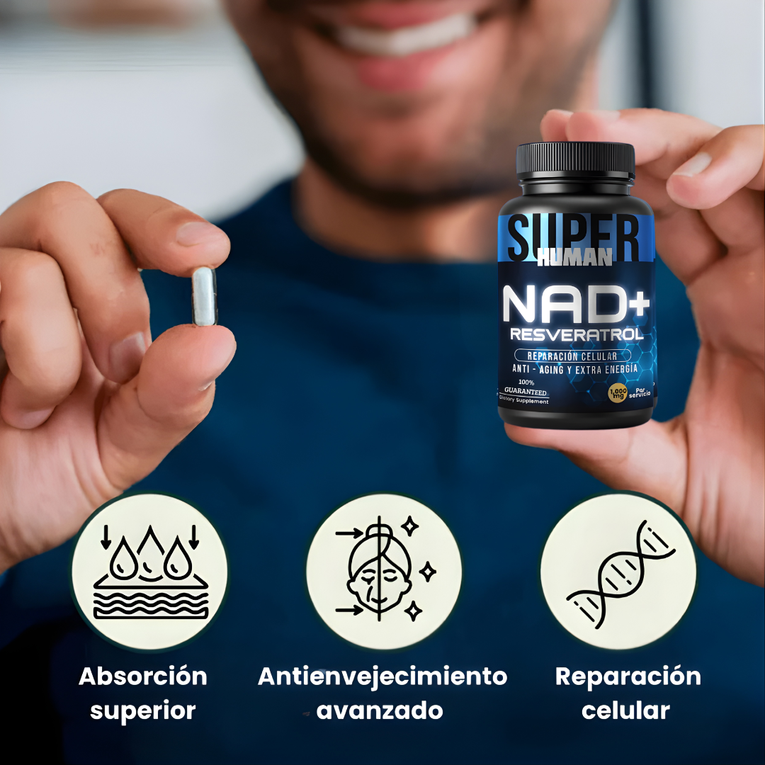 💊Super Human | NAD + Resveratrol - Cápsulas de Reparación Celular Antienvejecimiento y Energía Extra.