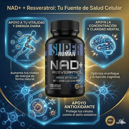 💊Super Human | NAD + Resveratrol - Cápsulas de Reparación Celular Antienvejecimiento y Energía Extra.
